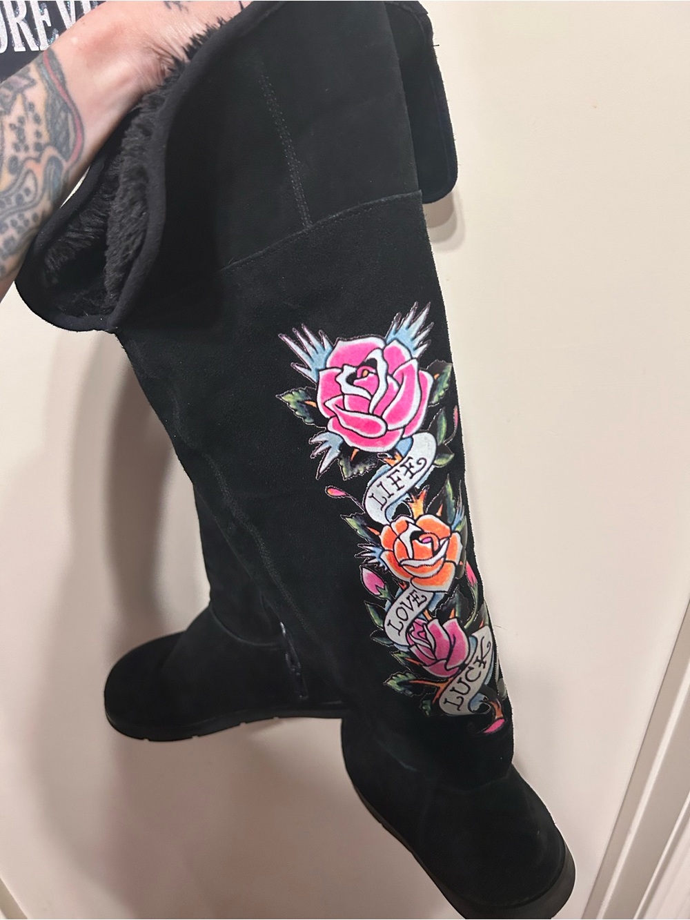Ed Hardy Black Suede Leather Faux Fur Knee-High Boots Floral Tattoo Design Sz 9